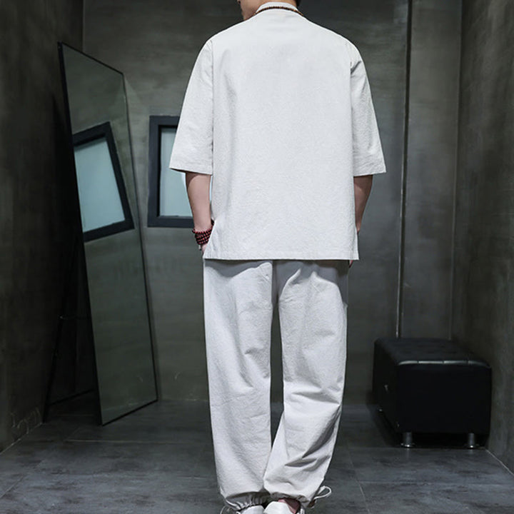 Ensemble 2 pièces de costume Tang à Buddha Stones de grenouille, chemise et pantalon avec poches, en coton et lin, pour homme, tenue de méditation - image 22