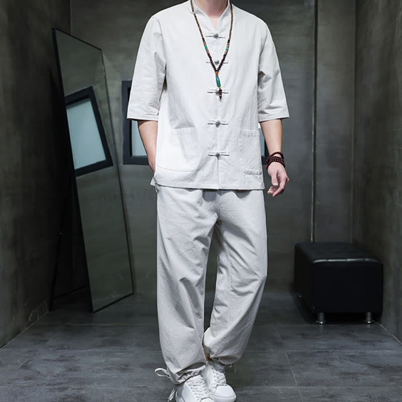 Ensemble 2 pièces de costume Tang à Buddha Stones de grenouille, chemise et pantalon avec poches, en coton et lin, pour homme, tenue de méditation - image 24