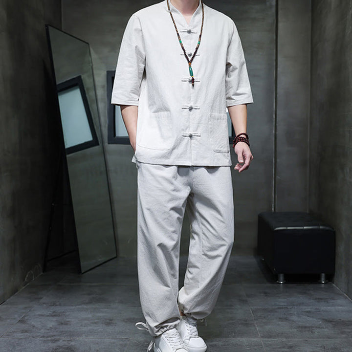 Ensemble 2 pièces de costume Tang à Buddha Stones de grenouille, chemise et pantalon avec poches, en coton et lin, pour homme, tenue de méditation - image 24