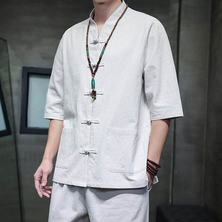 Ensemble 2 pièces de costume Tang à Buddha Stones de grenouille, chemise et pantalon avec poches, en coton et lin, pour homme, tenue de méditation - image 27