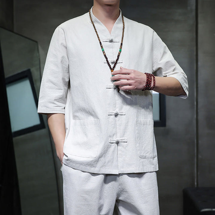 Ensemble 2 pièces de costume Tang à Buddha Stones de grenouille, chemise et pantalon avec poches, en coton et lin, pour homme, tenue de méditation - image 26