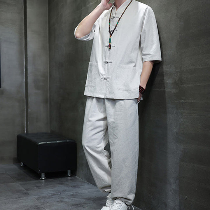 Ensemble 2 pièces de costume Tang à Buddha Stones de grenouille, chemise et pantalon avec poches, en coton et lin, pour homme, tenue de méditation - image 25