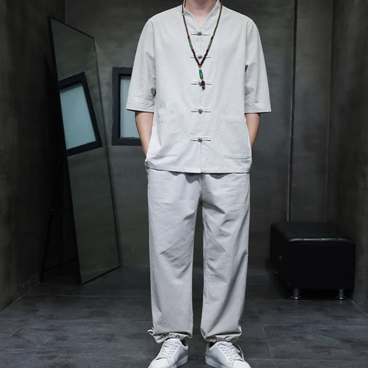 Ensemble 2 pièces de costume Tang à Buddha Stones de grenouille, chemise et pantalon avec poches, en coton et lin, pour homme, tenue de méditation - image 23