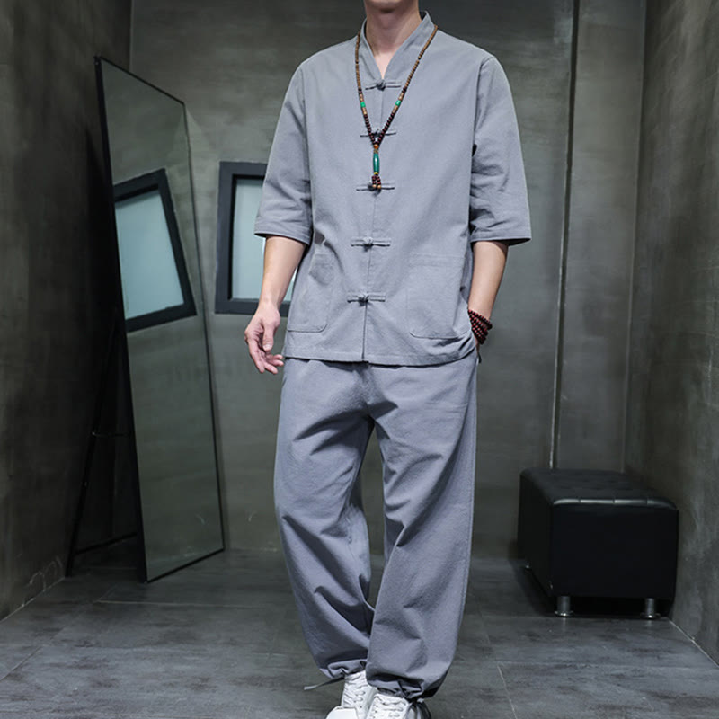 Ensemble 2 pièces de costume Tang à Buddha Stones de grenouille, chemise et pantalon avec poches, en coton et lin, pour homme, tenue de méditation - Gris - US/UK/AU46，EU56 (5XL) - image 29