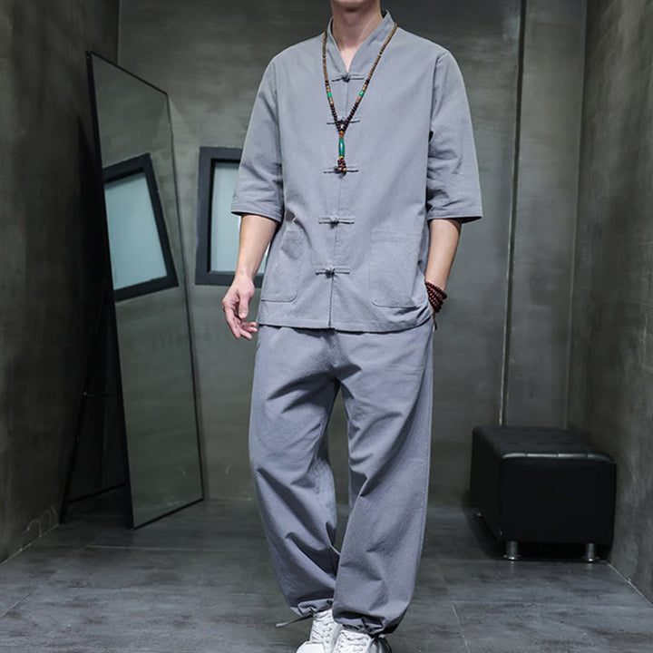 Ensemble 2 pièces de costume Tang à Buddha Stones de grenouille, chemise et pantalon avec poches, en coton et lin, pour homme, tenue de méditation - Gris - US/UK/AU46，EU56 (5XL) - image 29