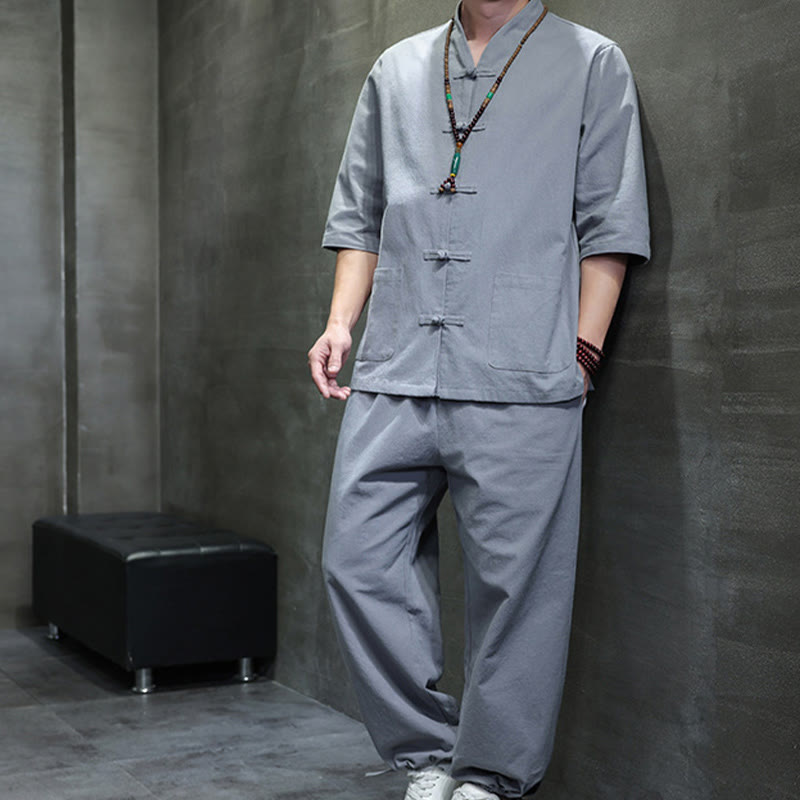 Ensemble 2 pièces de costume Tang à Buddha Stones de grenouille, chemise et pantalon avec poches, en coton et lin, pour homme, tenue de méditation - image 34