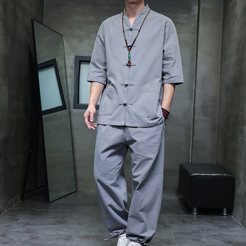 Ensemble 2 pièces de costume Tang à Buddha Stones de grenouille, chemise et pantalon avec poches, en coton et lin, pour homme, tenue de méditation - image 32