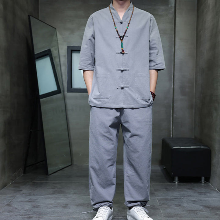 Ensemble 2 pièces de costume Tang à Buddha Stones de grenouille, chemise et pantalon avec poches, en coton et lin, pour homme, tenue de méditation - image 30