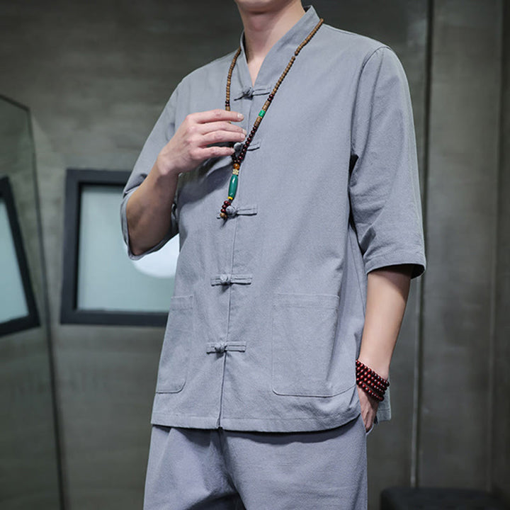 Ensemble 2 pièces de costume Tang à Buddha Stones de grenouille, chemise et pantalon avec poches, en coton et lin, pour homme, tenue de méditation - image 36