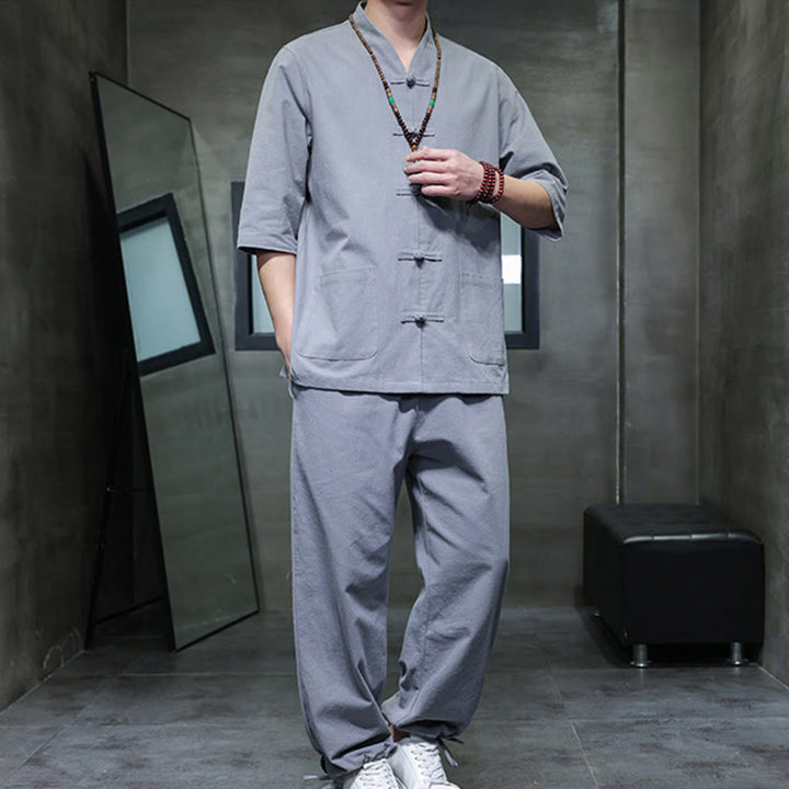 Ensemble 2 pièces de costume Tang à Buddha Stones de grenouille, chemise et pantalon avec poches, en coton et lin, pour homme, tenue de méditation - image 31