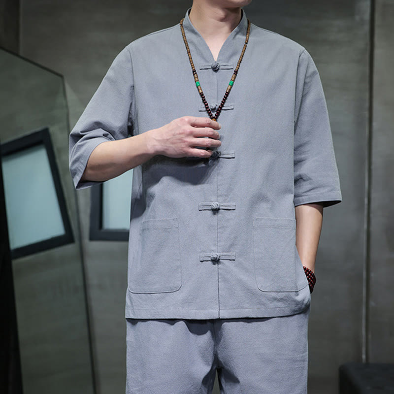 Ensemble 2 pièces de costume Tang à Buddha Stones de grenouille, chemise et pantalon avec poches, en coton et lin, pour homme, tenue de méditation - image 35