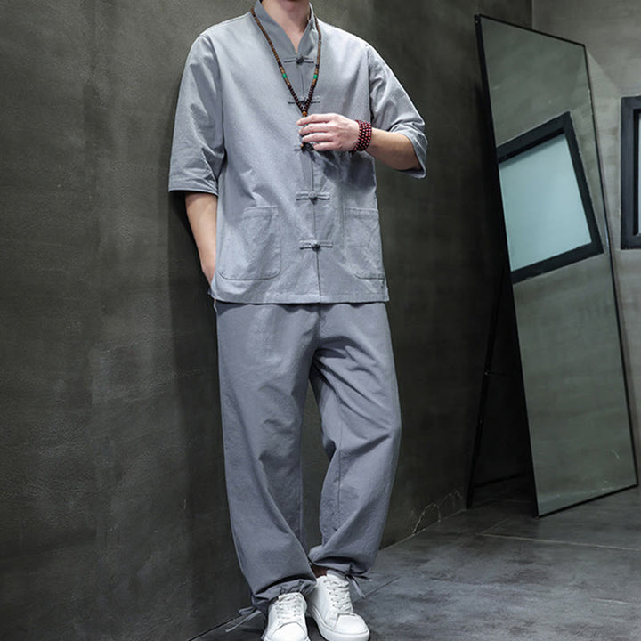 Ensemble 2 pièces de costume Tang à Buddha Stones de grenouille, chemise et pantalon avec poches, en coton et lin, pour homme, tenue de méditation - image 33