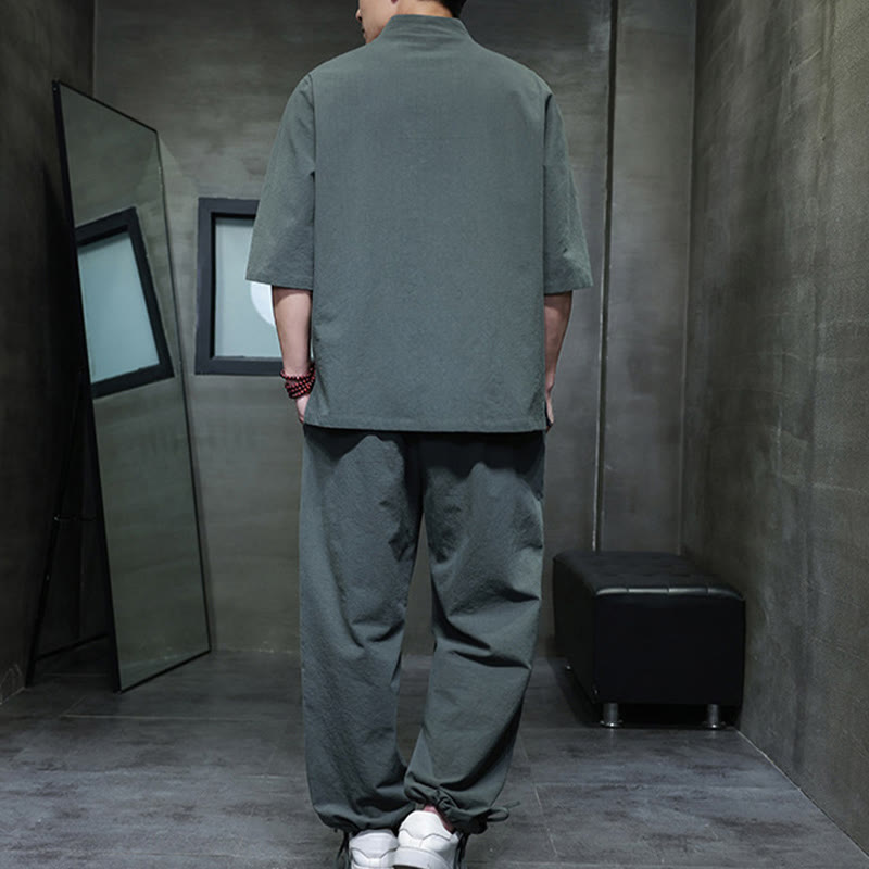 Ensemble 2 pièces de costume Tang à Buddha Stones de grenouille, chemise et pantalon avec poches, en coton et lin, pour homme, tenue de méditation - image 2