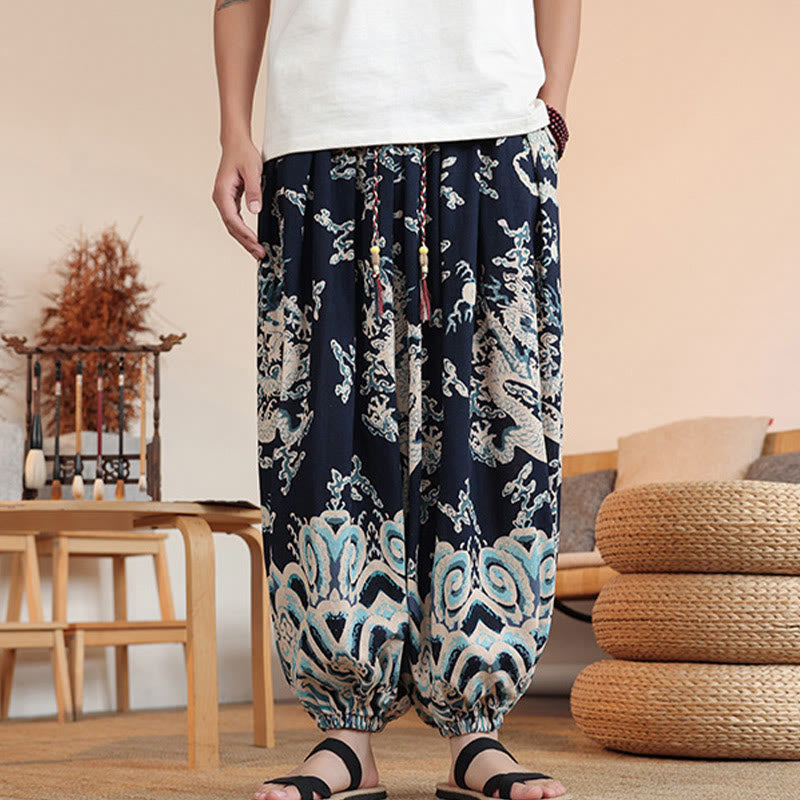 Pantalon sarouel en coton à imprimé dragon et Buddha Stones pour homme, longueur cheville, avec poches - image 1