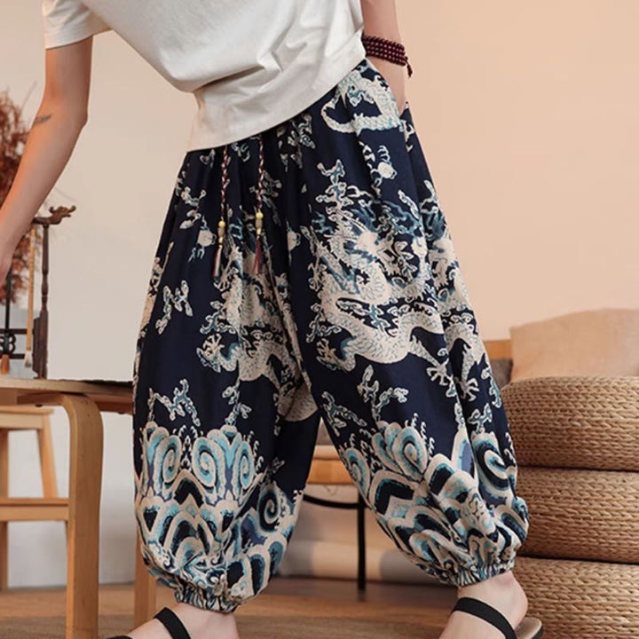 Pantalon sarouel en coton à imprimé dragon et Buddha Stones pour homme, longueur cheville, avec poches - image 5