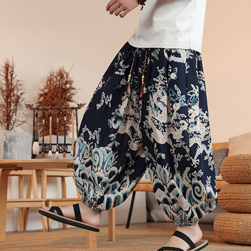 Pantalon sarouel en coton à imprimé dragon et Buddha Stones pour homme, longueur cheville, avec poches - image 4