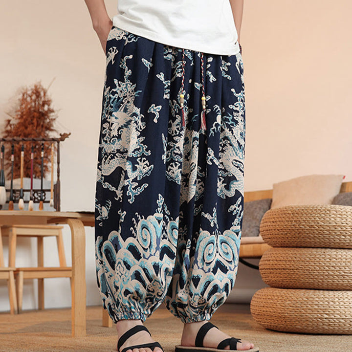 Pantalon sarouel en coton à imprimé dragon et Buddha Stones pour homme, longueur cheville, avec poches - image 2