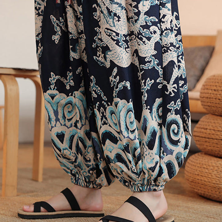 Pantalon sarouel en coton à imprimé dragon et Buddha Stones pour homme, longueur cheville, avec poches - image 9