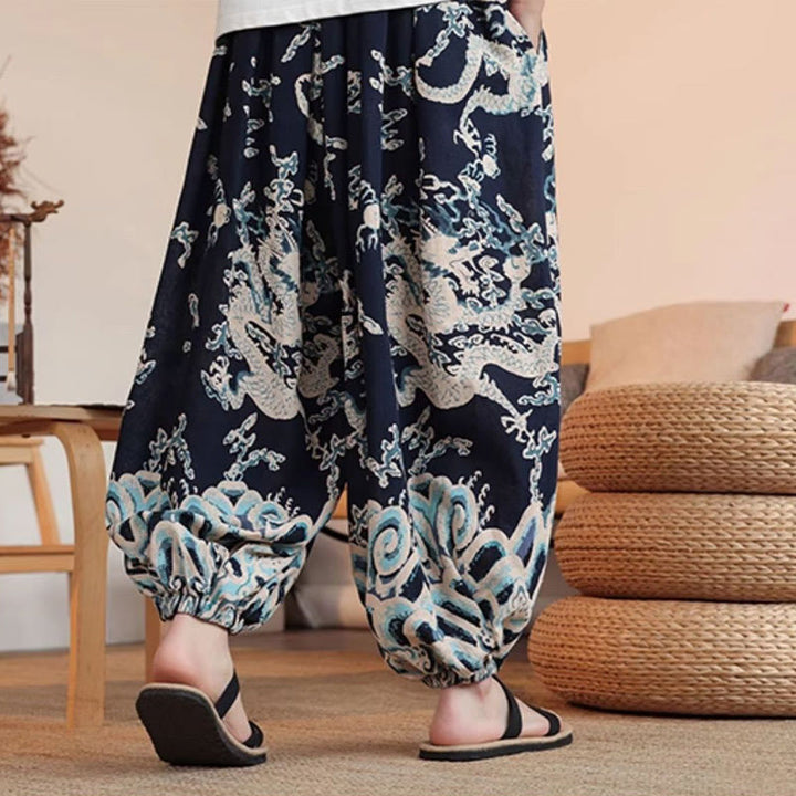 Pantalon sarouel en coton à imprimé dragon et Buddha Stones pour homme, longueur cheville, avec poches - image 3