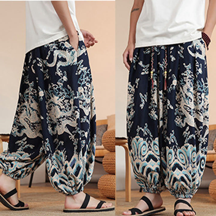 Pantalon sarouel en coton à imprimé dragon et Buddha Stones pour homme, longueur cheville, avec poches - image 10