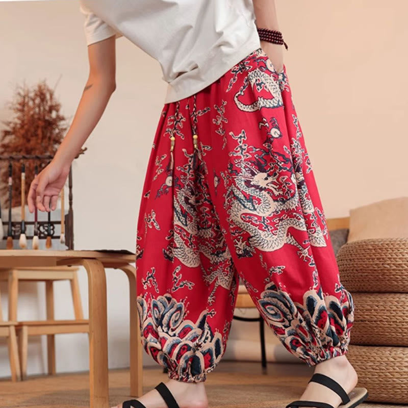 Pantalon sarouel en coton à imprimé dragon et Buddha Stones pour homme, longueur cheville, avec poches - image 16
