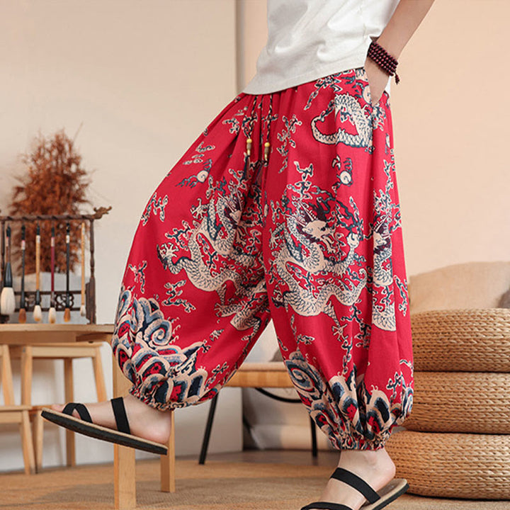 Pantalon sarouel en coton à imprimé dragon et Buddha Stones pour homme, longueur cheville, avec poches - image 17