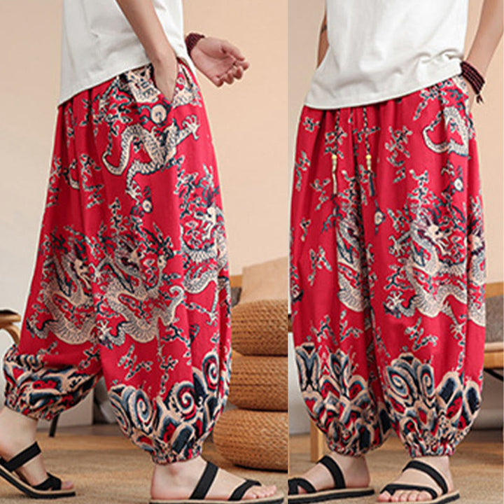 Pantalon sarouel en coton à imprimé dragon et Buddha Stones pour homme, longueur cheville, avec poches - image 19
