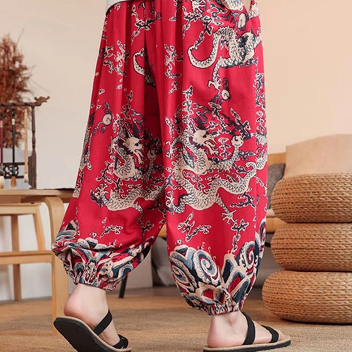 Pantalon sarouel en coton à imprimé dragon et Buddha Stones pour homme, longueur cheville, avec poches - image 15