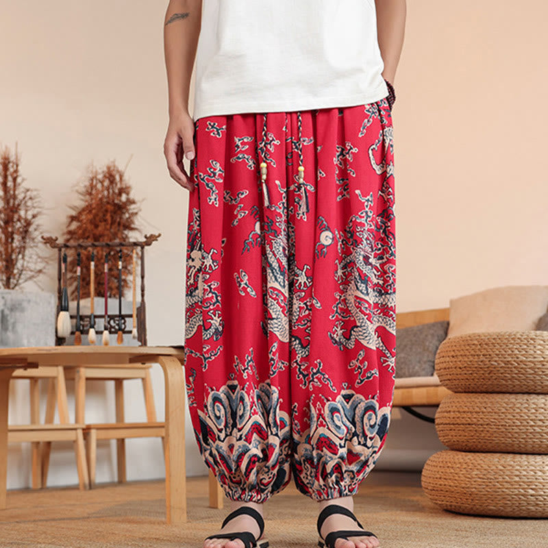 Pantalon sarouel en coton à imprimé dragon et Buddha Stones pour homme, longueur cheville, avec poches - image 12