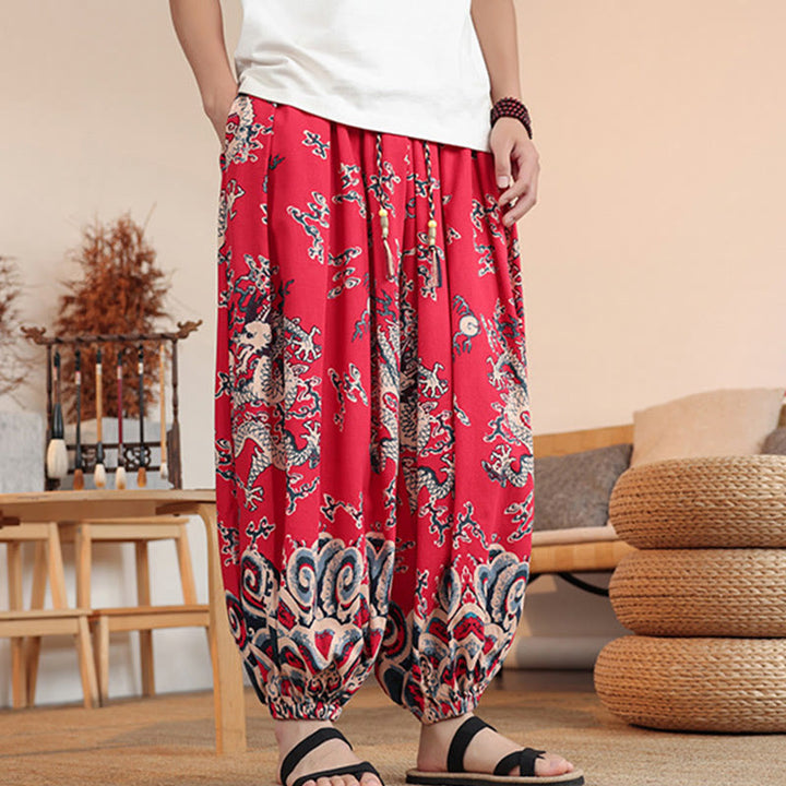 Pantalon sarouel en coton à imprimé dragon et Buddha Stones pour homme, longueur cheville, avec poches - image 14