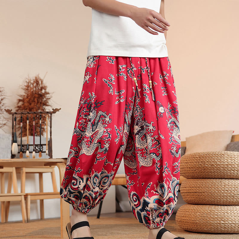 Pantalon sarouel en coton à imprimé dragon et Buddha Stones pour homme, longueur cheville, avec poches - image 13