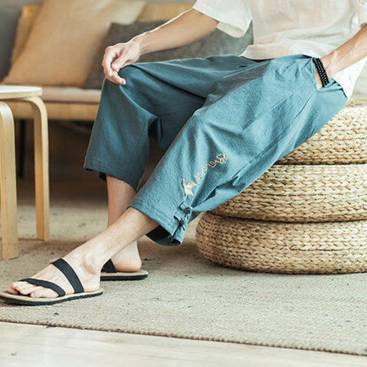 Pantalon sarouel court en coton avec poches pour homme, broderie de grues et de Buddha Stones - image 9