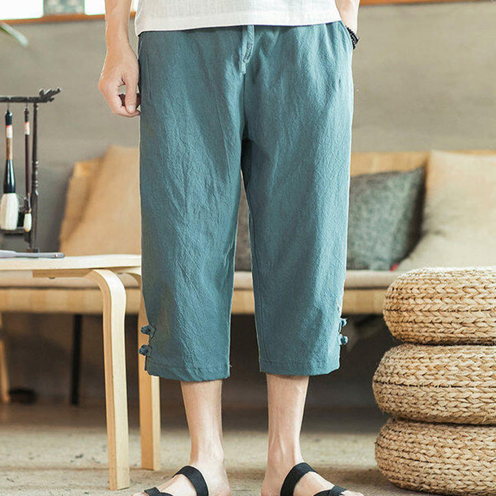 Pantalon sarouel court en coton avec poches pour homme, broderie de grues et de Buddha Stones - image 5