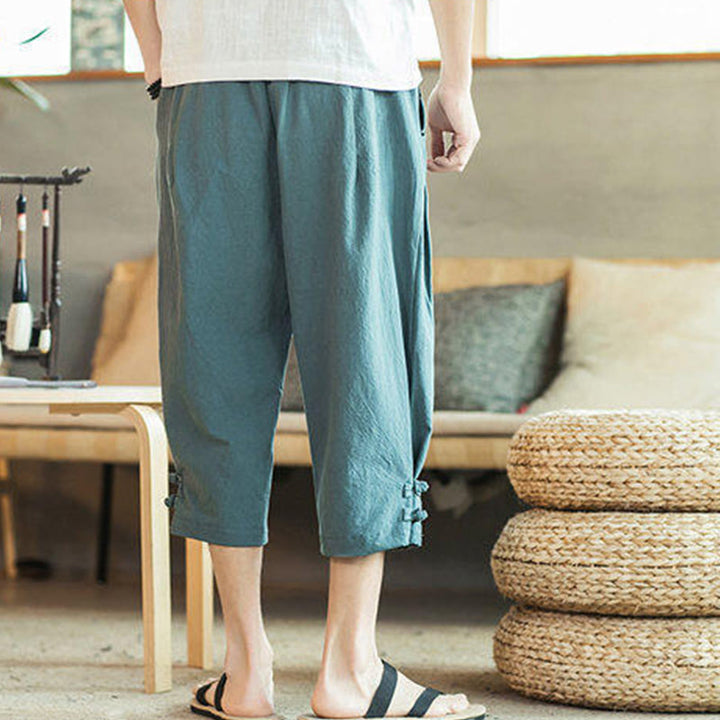 Pantalon sarouel court en coton avec poches pour homme, broderie de grues et de Buddha Stones - image 4