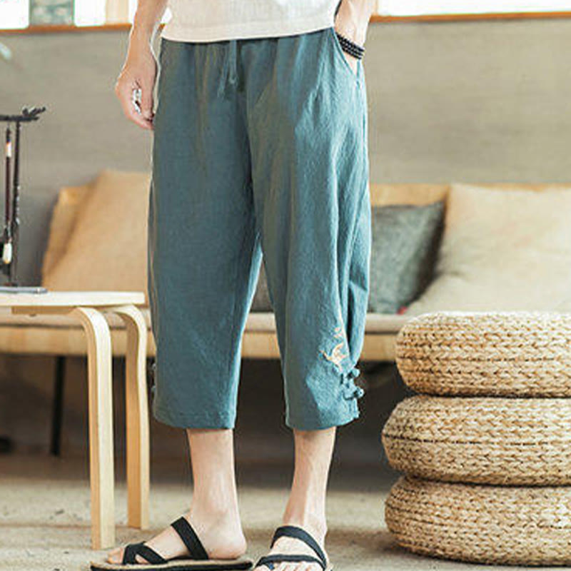 Pantalon sarouel court en coton avec poches pour homme, broderie de grues et de Buddha Stones - image 7