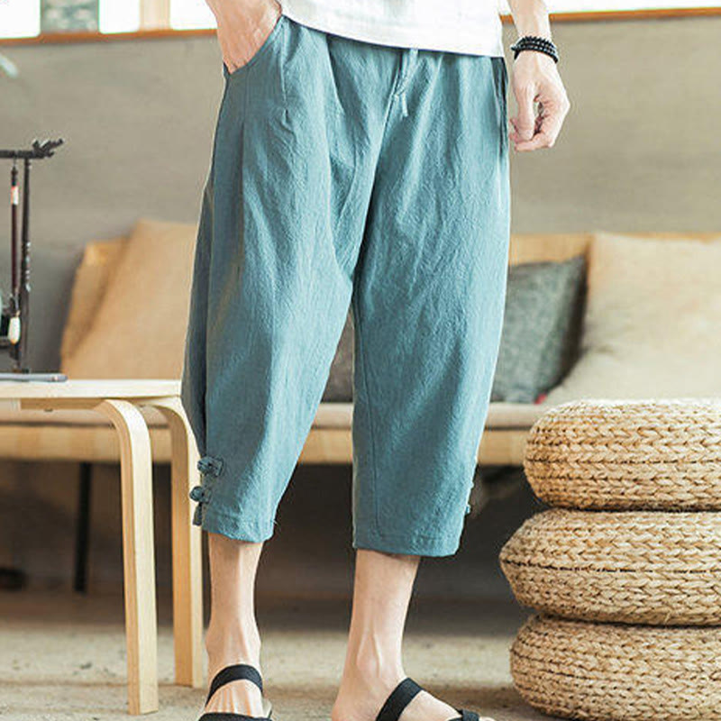 Pantalon sarouel court en coton avec poches pour homme, broderie de grues et de Buddha Stones - image 8