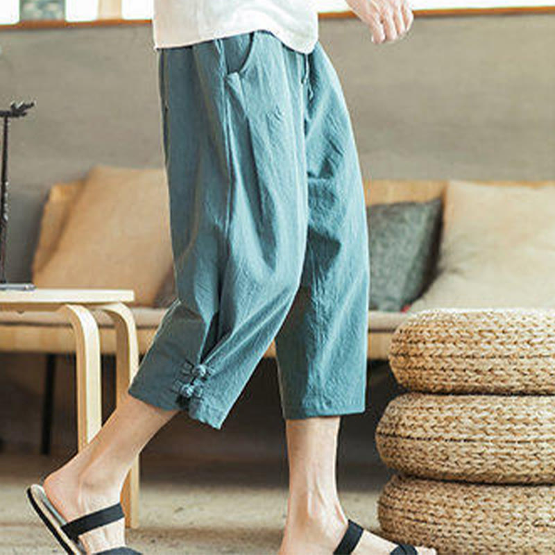 Pantalon sarouel court en coton avec poches pour homme, broderie de grues et de Buddha Stones - image 6