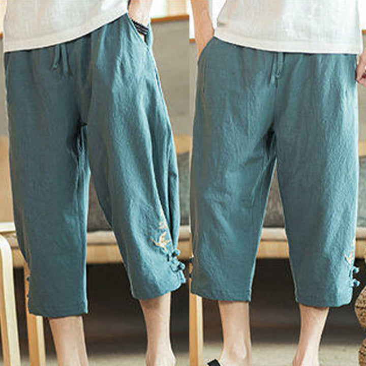 Pantalon sarouel court en coton avec poches pour homme, broderie de grues et de Buddha Stones - image 10