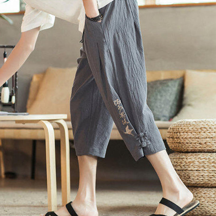 Pantalon sarouel court en coton avec poches pour homme, broderie de grues et de Buddha Stones - image 16