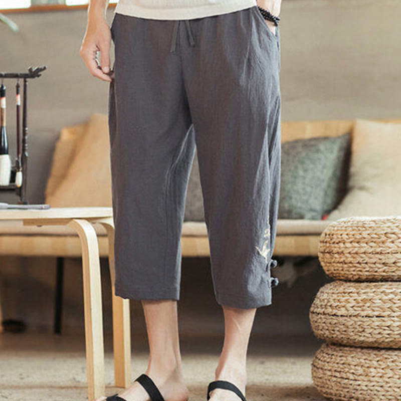 Pantalon sarouel court en coton avec poches pour homme, broderie de grues et de Buddha Stones - image 12