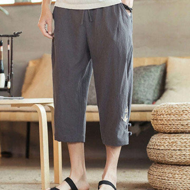 Pantalon sarouel court en coton avec poches pour homme, broderie de grues et de Buddha Stones - image 12