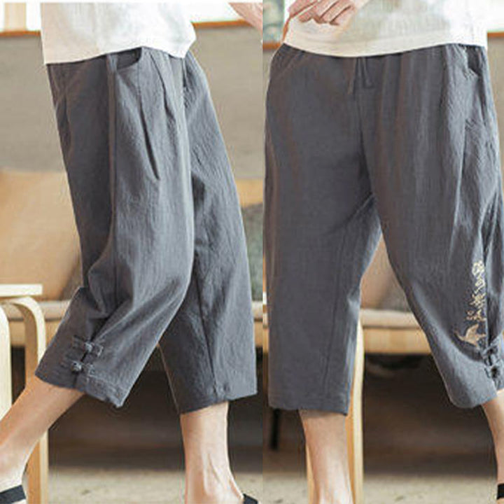 Pantalon sarouel court en coton avec poches pour homme, broderie de grues et de Buddha Stones - image 18