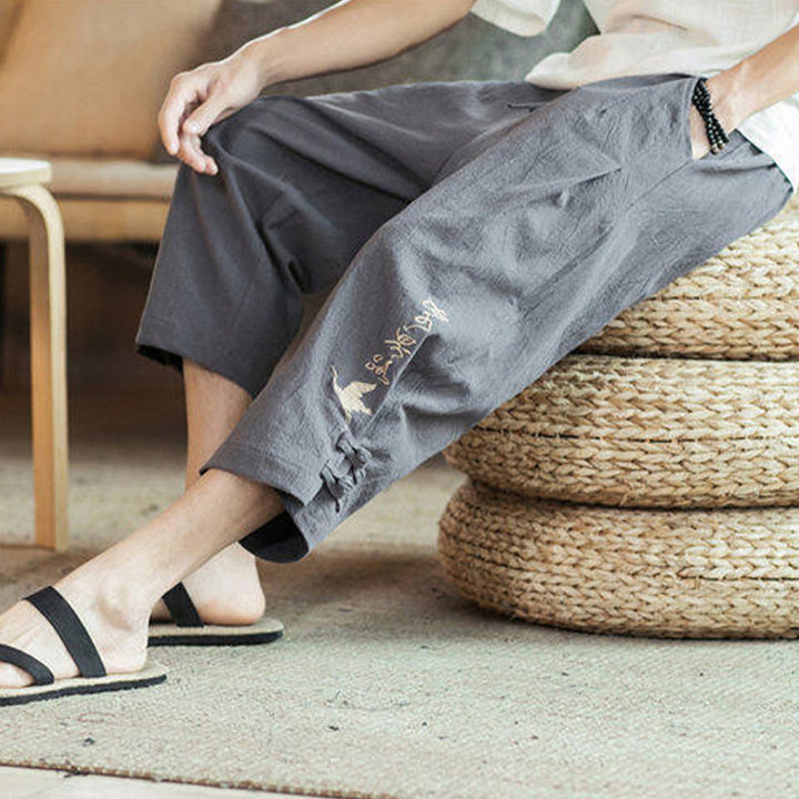 Pantalon sarouel court en coton avec poches pour homme, broderie de grues et de Buddha Stones - image 17