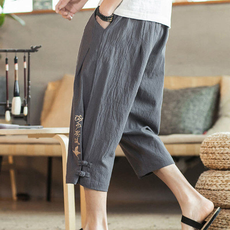Pantalon sarouel court en coton avec poches pour homme, broderie de grues et de Buddha Stones - image 14