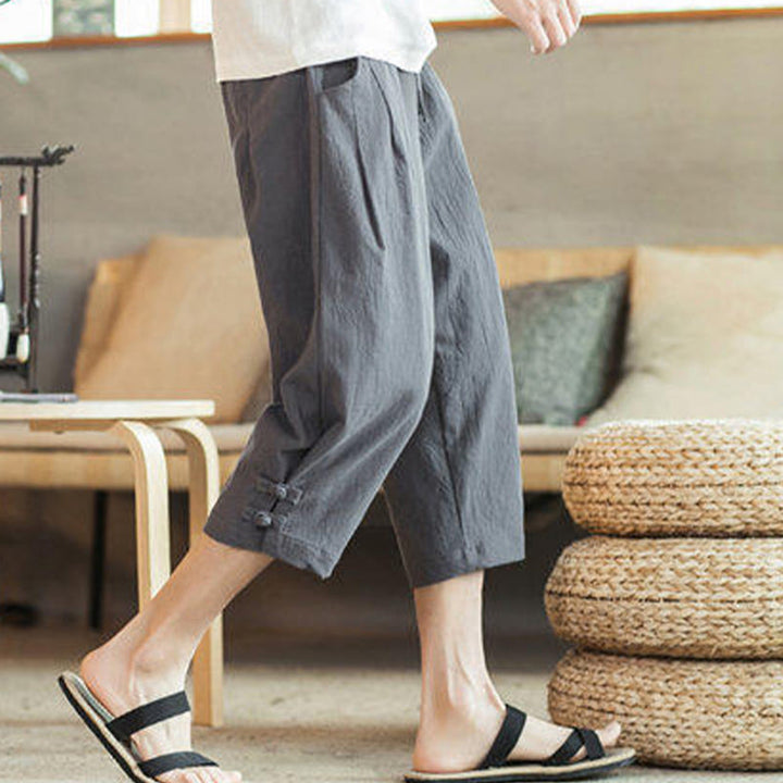 Pantalon sarouel court en coton avec poches pour homme, broderie de grues et de Buddha Stones - image 13