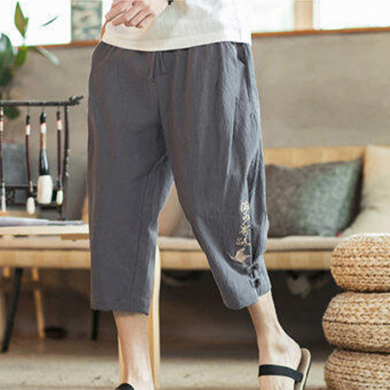 Pantalon sarouel court en coton avec poches pour homme, broderie de grues et de Buddha Stones - image 15