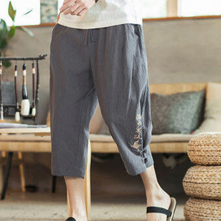 Pantalon sarouel court en coton avec poches pour homme, broderie de grues et de Buddha Stones - image 15