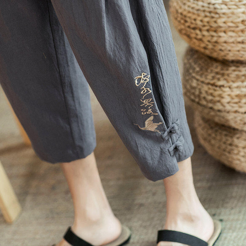 Pantalon sarouel court en coton avec poches pour homme, broderie de grues et de Buddha Stones - image 21