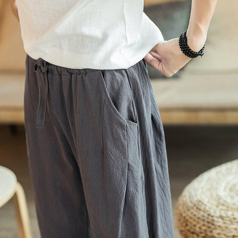 Pantalon sarouel court en coton avec poches pour homme, broderie de grues et de Buddha Stones - image 19