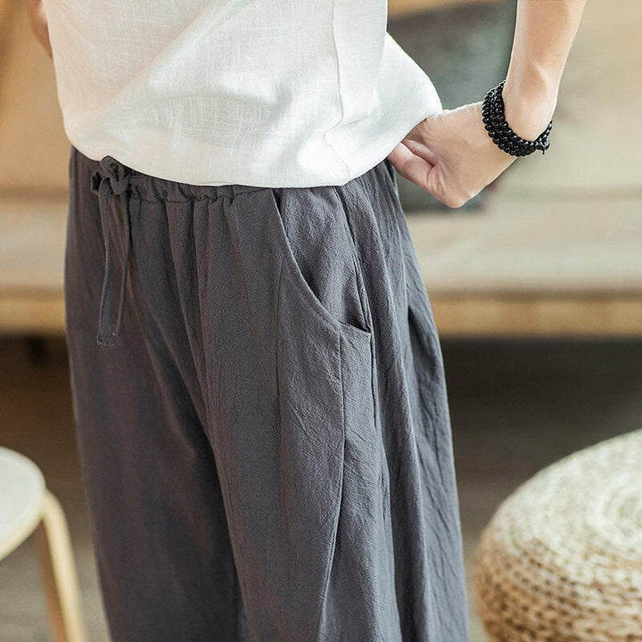 Pantalon sarouel court en coton avec poches pour homme, broderie de grues et de Buddha Stones - image 19